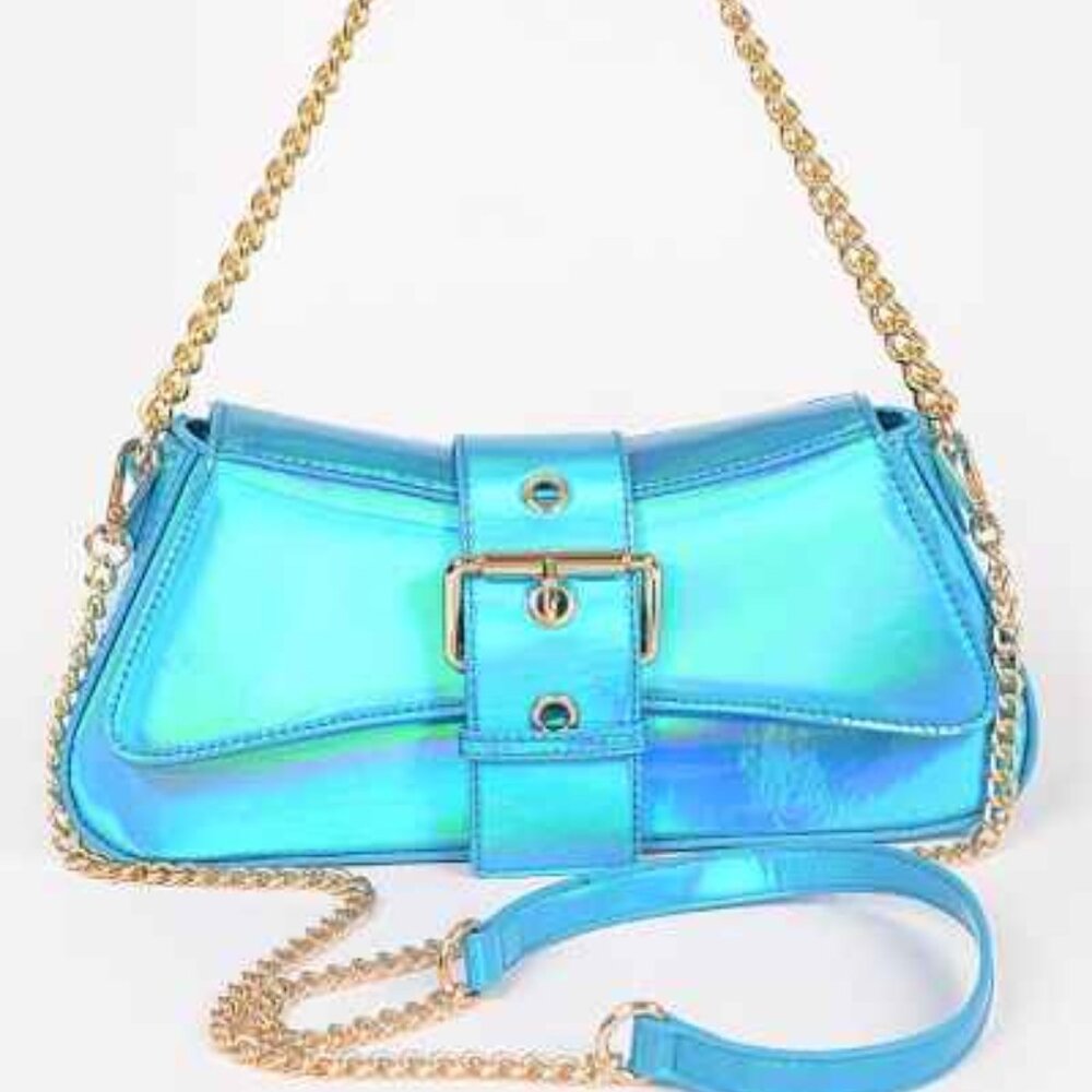 Mermaid Metallic Aqua Blue / Iridescent - Buckle Crossbody / Chain Straps - NWT